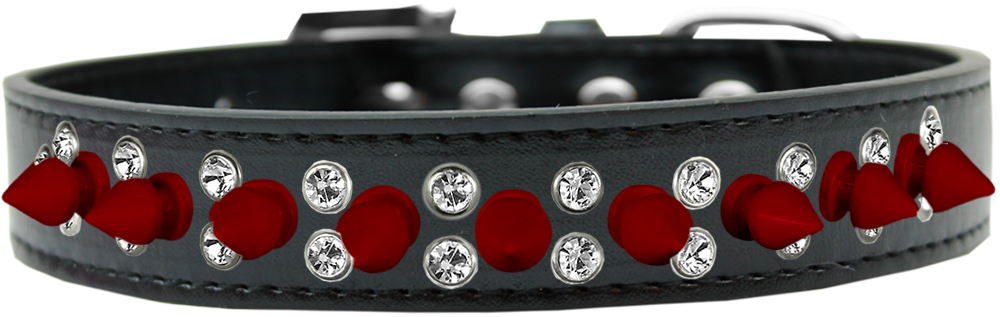 Double Crystal and Red Spikes Dog Collar Black Size 18